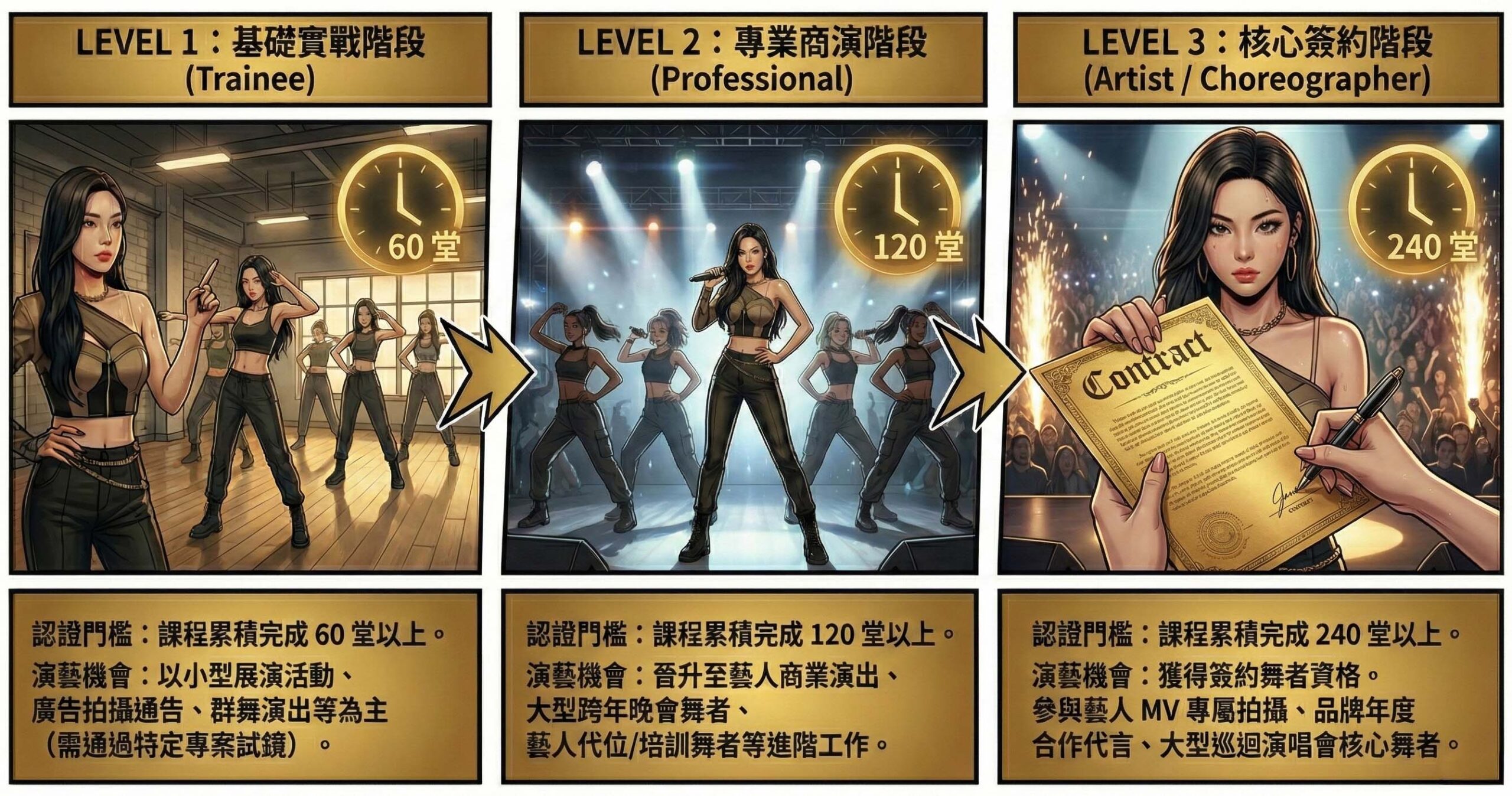 DANCE SOUL 舞者評選計畫三大晉級階梯：LEVEL 1 基礎實戰階段 60 堂以上，LEVEL 2 專業商演階段 120 堂以上，LEVEL 3 核心簽約階段 240 堂以上