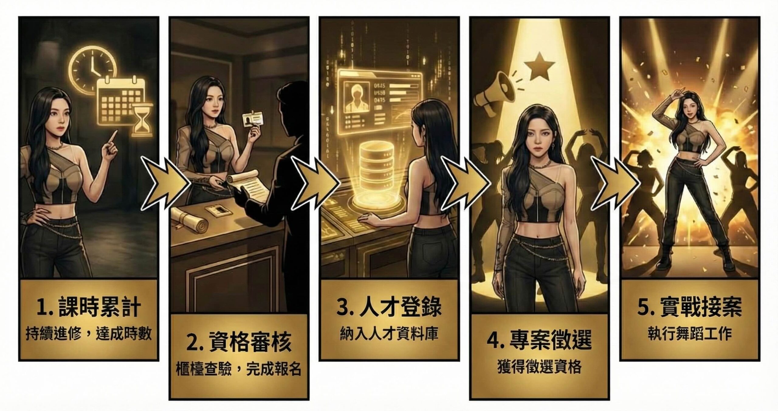 DANCE SOUL 舞魂街舞學校 舞者評選計畫申請流程：1 在本學校上課到達規定的時數，2 報名此計畫並查驗上課時數，3 獲得參加徵選資格，4 徵選上後開始參加排練，5 搭配藝人與經紀人從事舞蹈工作