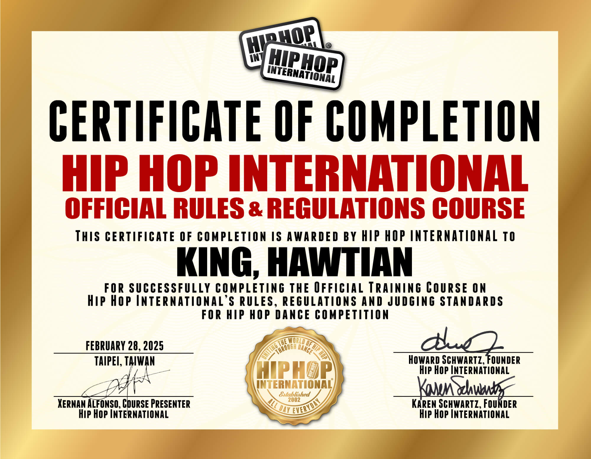 金晧天 SEVEN 的 HIP HOP INTERNATIONAL 國際官方規則結業證書，由 HHI 國際組織授予 KING HAW TIAN，表彰其完成 HIP HOP 國際規則與評判標準官方培訓課程