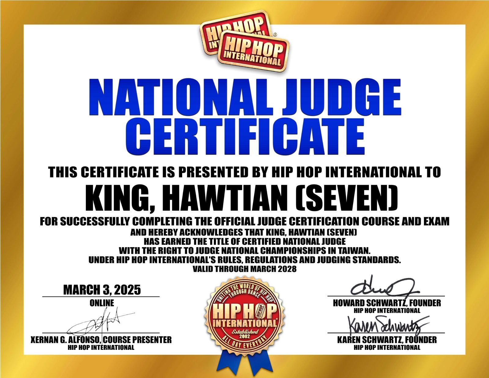 金晧天 SEVEN 的 Hip Hop International（HHI）Certified National Judge 國家級認證評審證書，有效期至 2028 年 3 月，具備評審台灣全國賽事的資格
